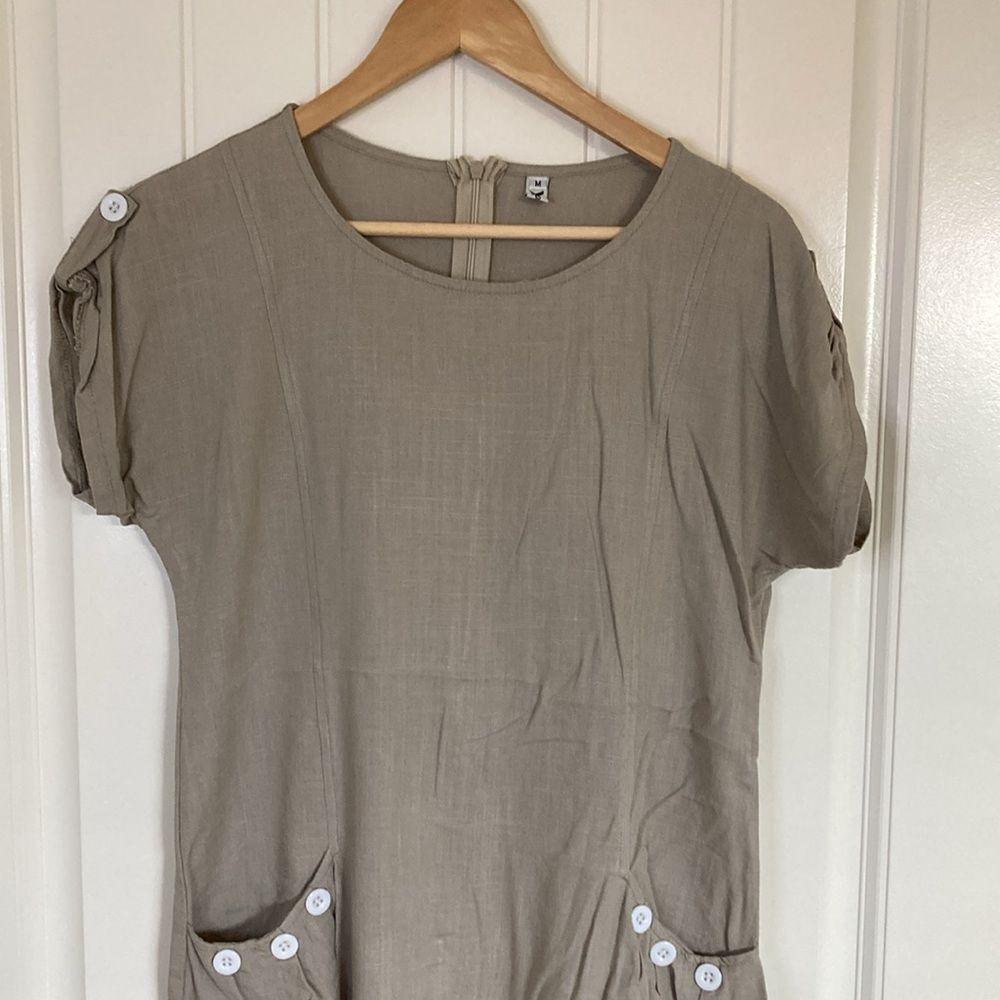 Yidartan Womens Short Sleeve Linen Blend Dress‎ M Tan Summer Beach Work - Picture 2 of 10
